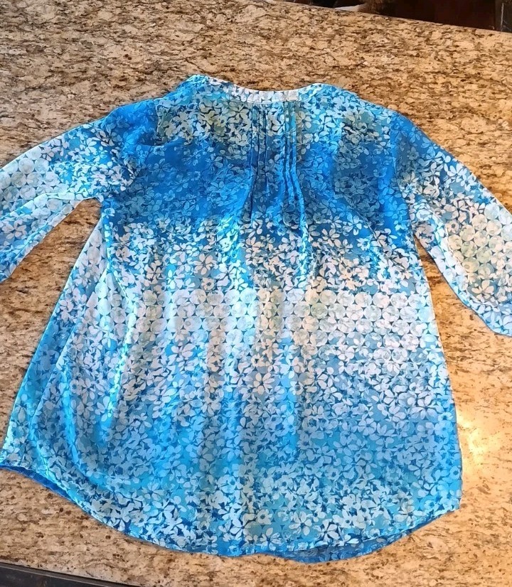 New Direction Women’s Blue White Floral Pleated Chiffon 3/4 Sleeve Blouse S
