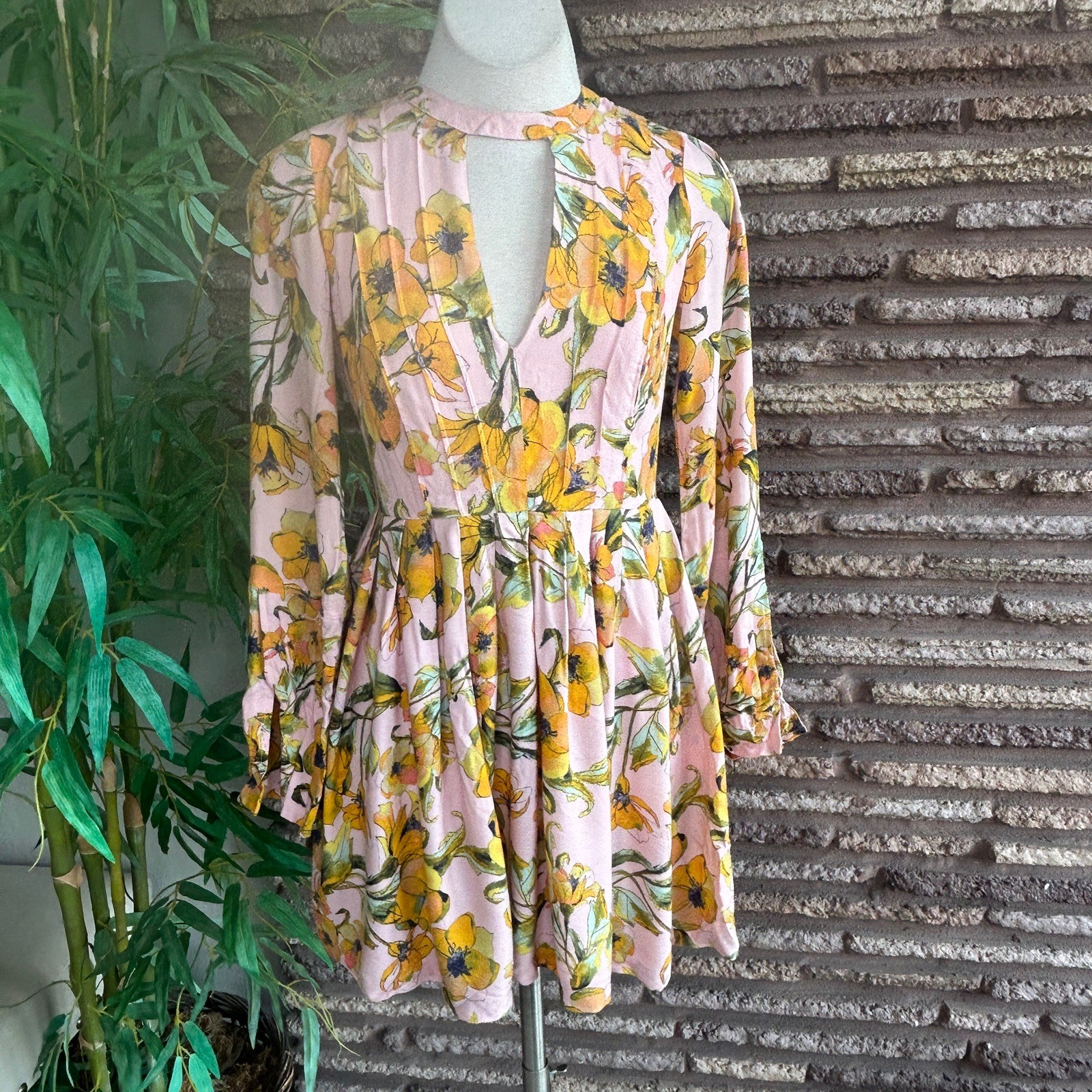 Free People Dress Tegan Floral Cutout V-Neck Pleated Long Sleeve Mini Skater
