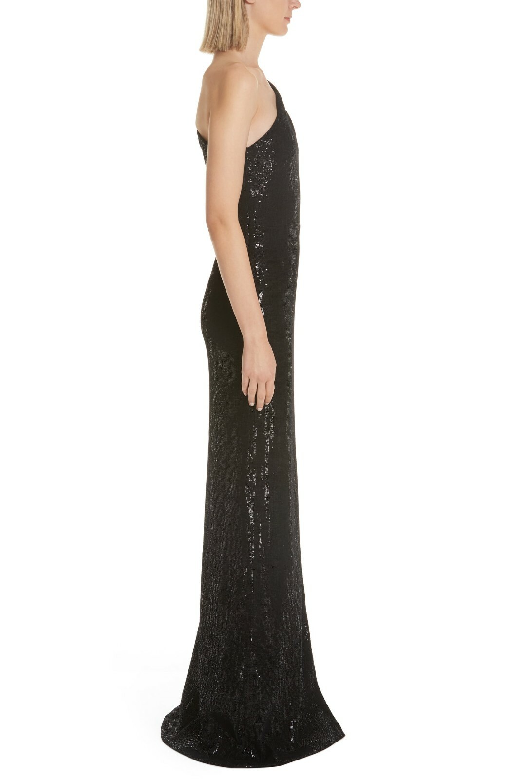 HANEY Black One Shoulder Sequin Embellished Velvet Hi-Slit Maxi Gown Dress 6 = S