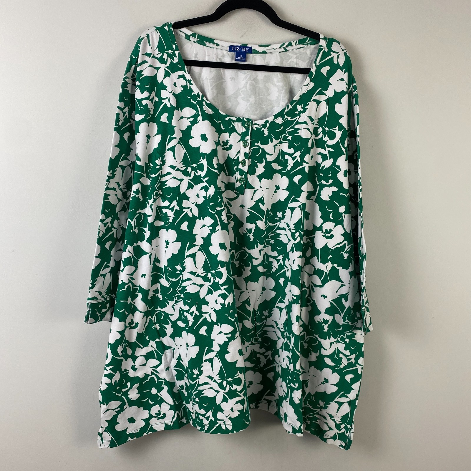 Liz & Me Green Floral Henley Top T Shirt Size 5X Cotton Stretch 3/4 Sleeves