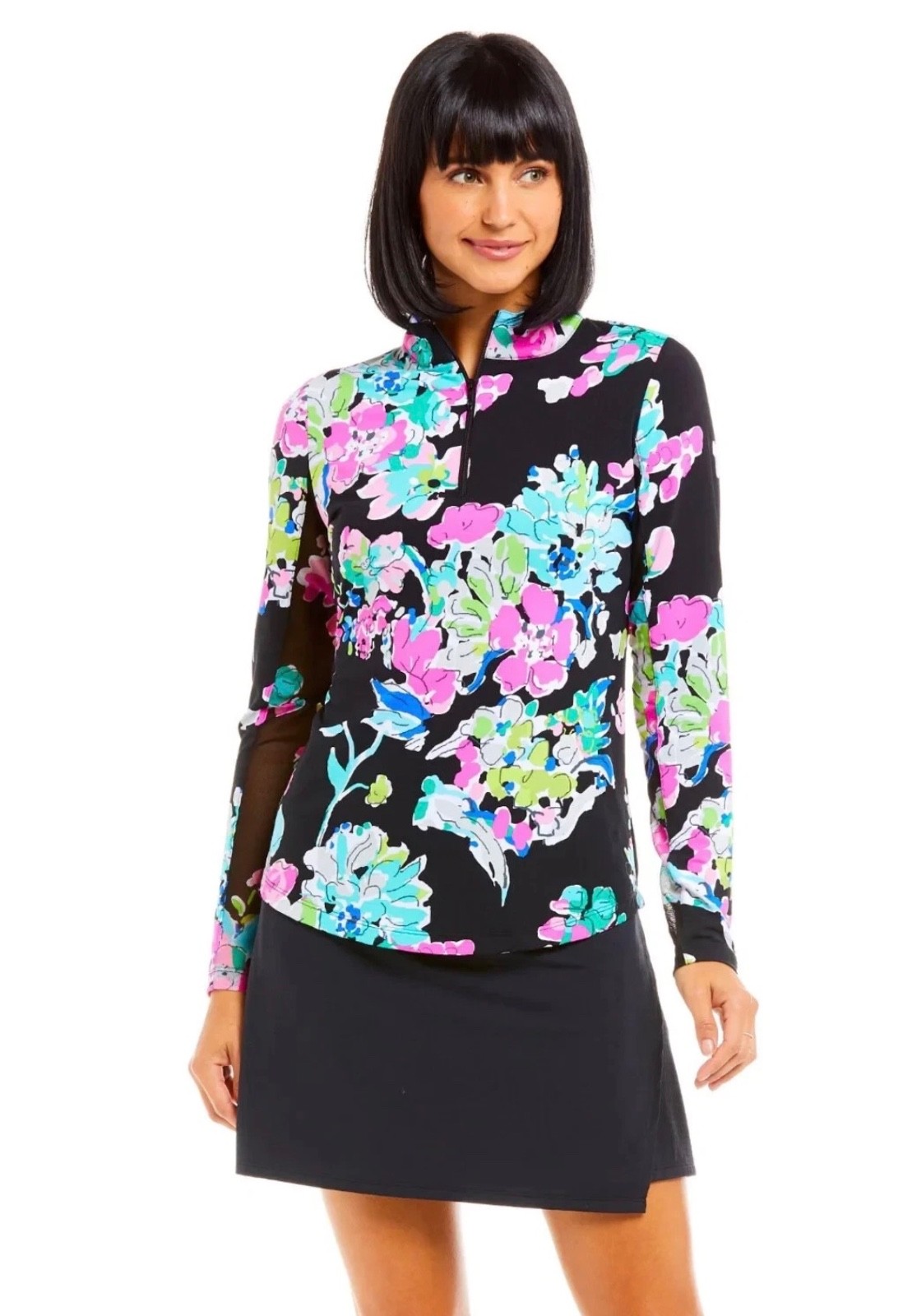 IBKUL Mock Neck Top Flora Black Multi Size S M L XL Long Sleeve Womens Golf NWT