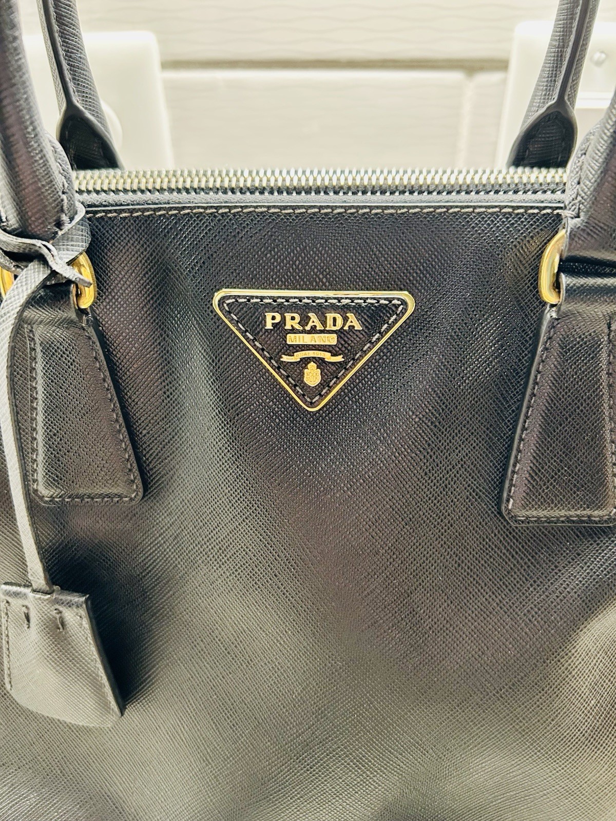 PRADA Black Galleria Saffiano Leather Top Handle Bag w/ Adjustable Strap, Gold
