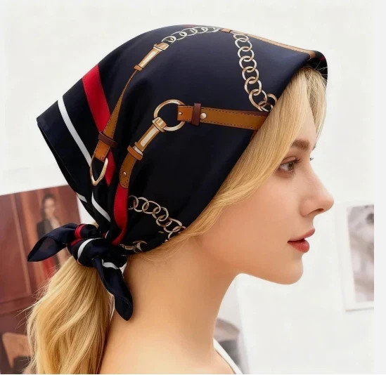 Navy Equestrian Belt & Chain Print Silk Feel Square Scarf 27.5×27.5″ FREE SHIPPI