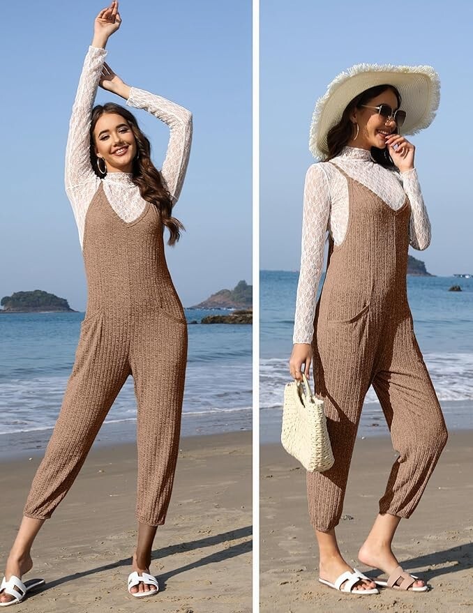 Ekouaer Jumpsuit, Sleeveless, Spaghetti Strap, Ribbed, V Neck, Brown/Beige Gray