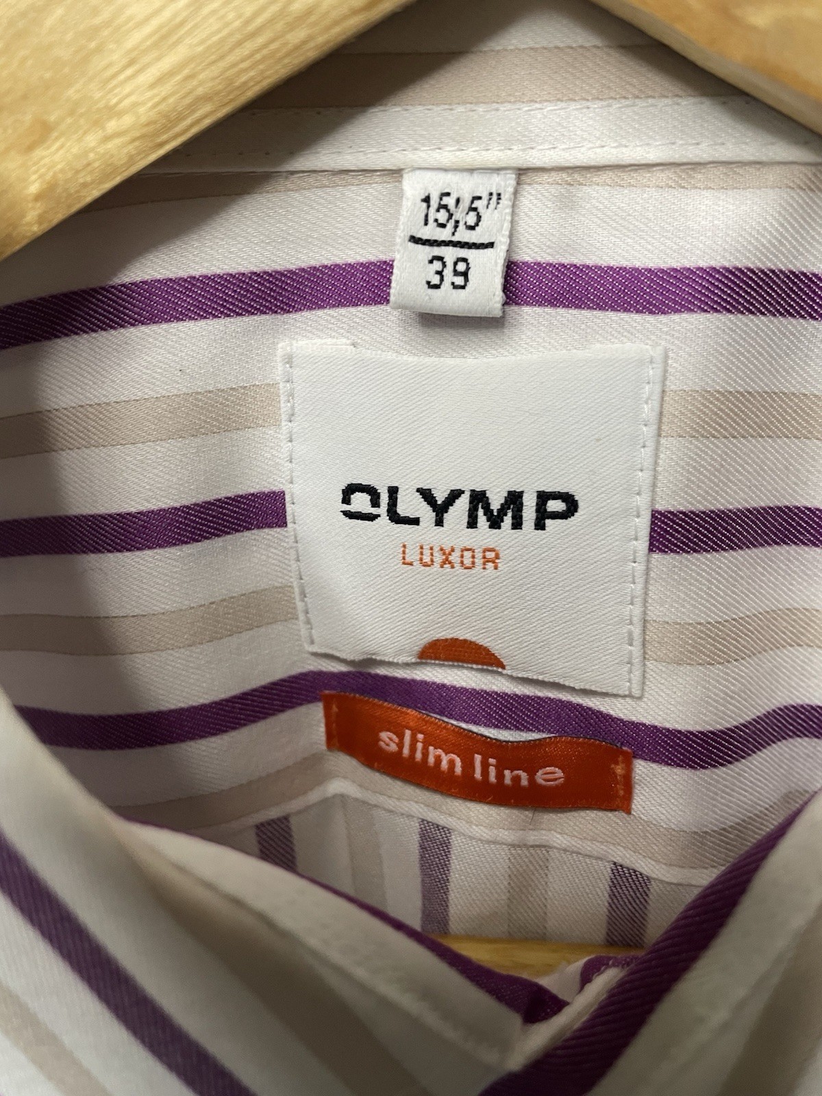Olymp Luxor Dress Shirt Mens M 39 purple Stripe slim Line Non Iron Twill LS