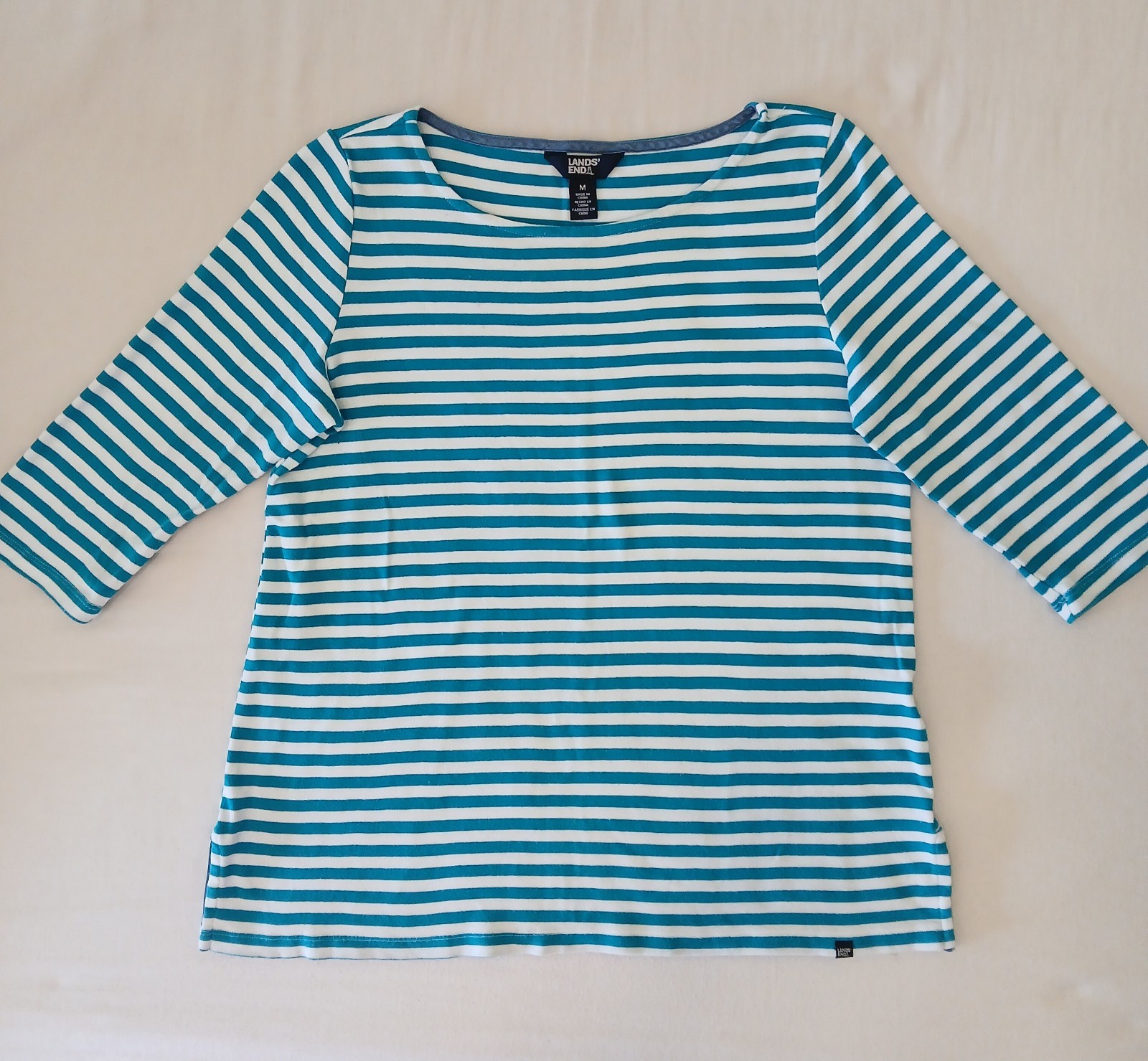 Lands’ End Women’s Top M Blue/White Stripe 3/4 Sleeve Pima Cotton Knit Boat Neck