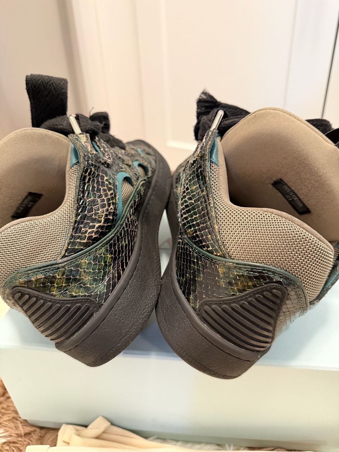 Lanvin Curb Snake-Embossed Leather Sneakers in Green and Black