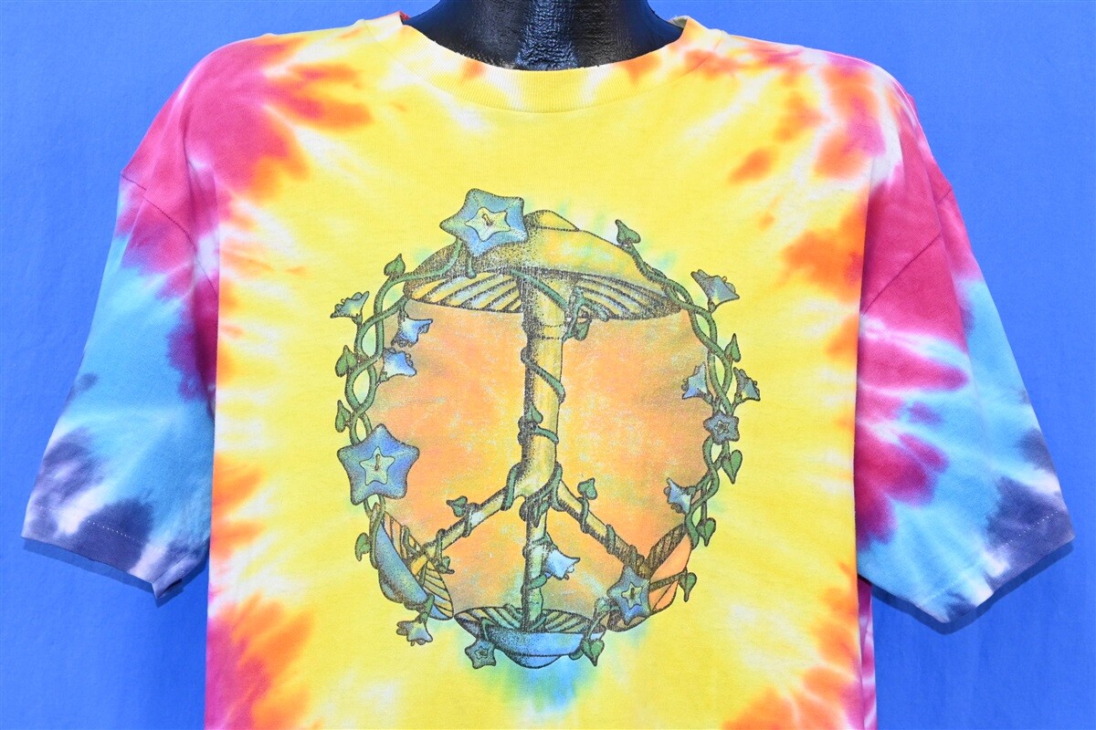vintage 90s TIE DYE PEACE SIGN MUSHROOM FLOWERS HIPPIE RAINBOW t-shirt XL