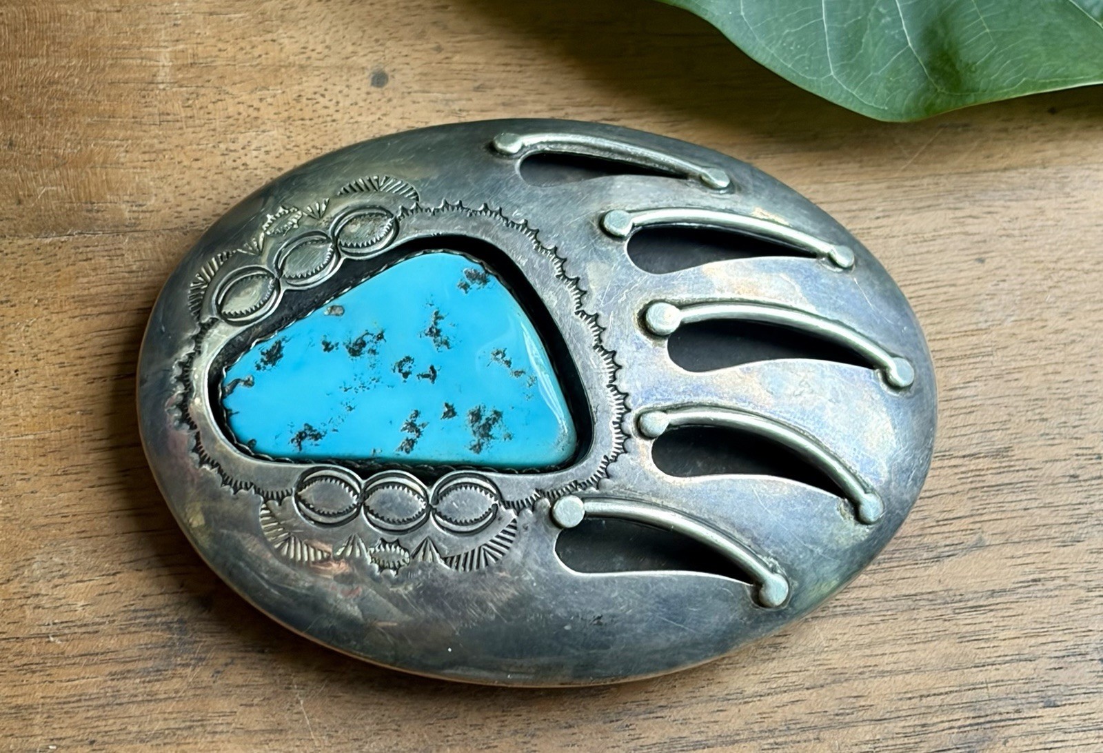 Signed Vintage Navajo Shadowbox Sterling Silver Turquoise Bear Claw Belt Buckle