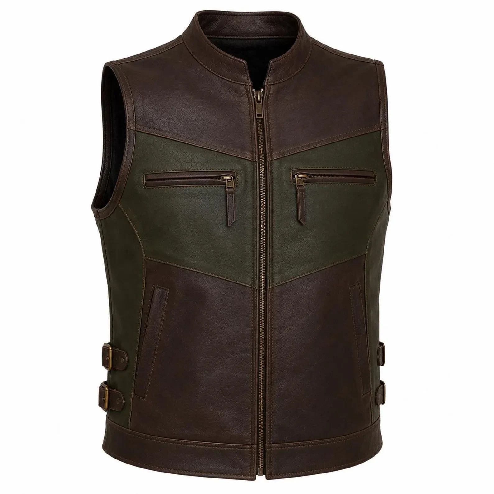 Men’s Dark Brown & Olive Green Leather Biker Vest – Premium Motorcycle Riding