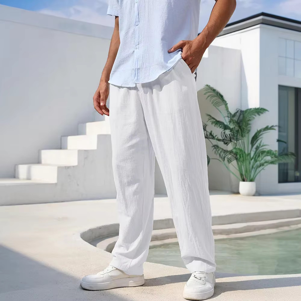Mens Cotton Linen Straight Leg Breathable Casual Beach Trousers Comfort Pants