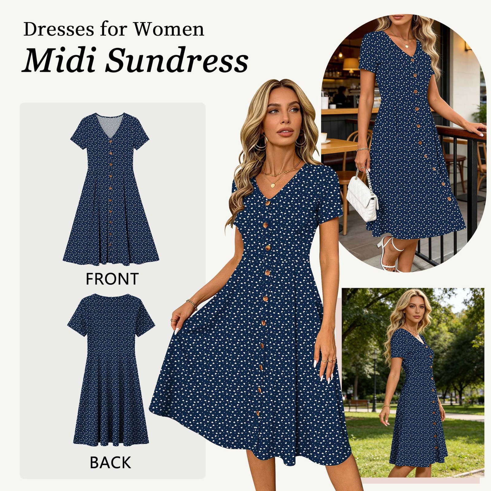 Women Summer Dress Floral Button Midi Sundress Short Sleeve V Neck Polka Dot