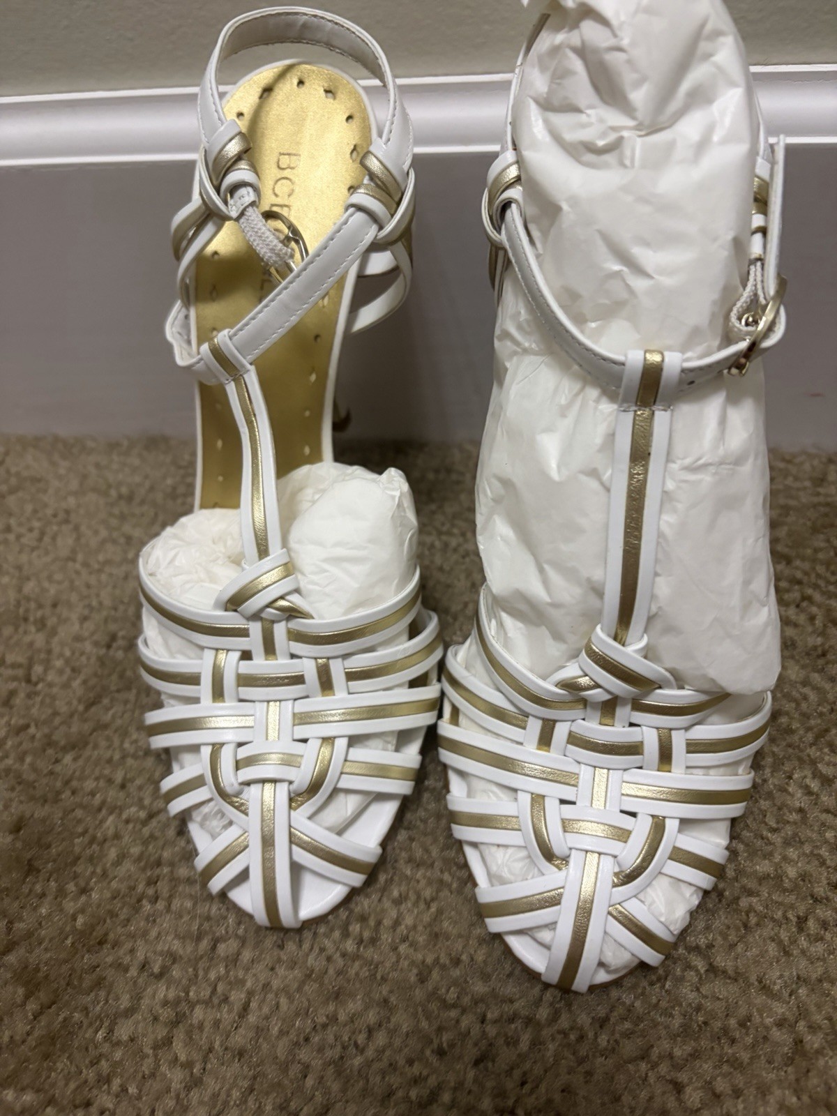 BCBGirls Women’s White/Gold Faux Leather Strappy Ankle Strap Buckle Heels US 7B
