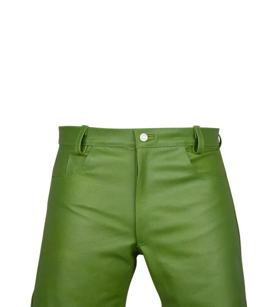 Mens Biker Jeans Real Green Or Cow Leather Sleek And Sexy 501 Style Pants New