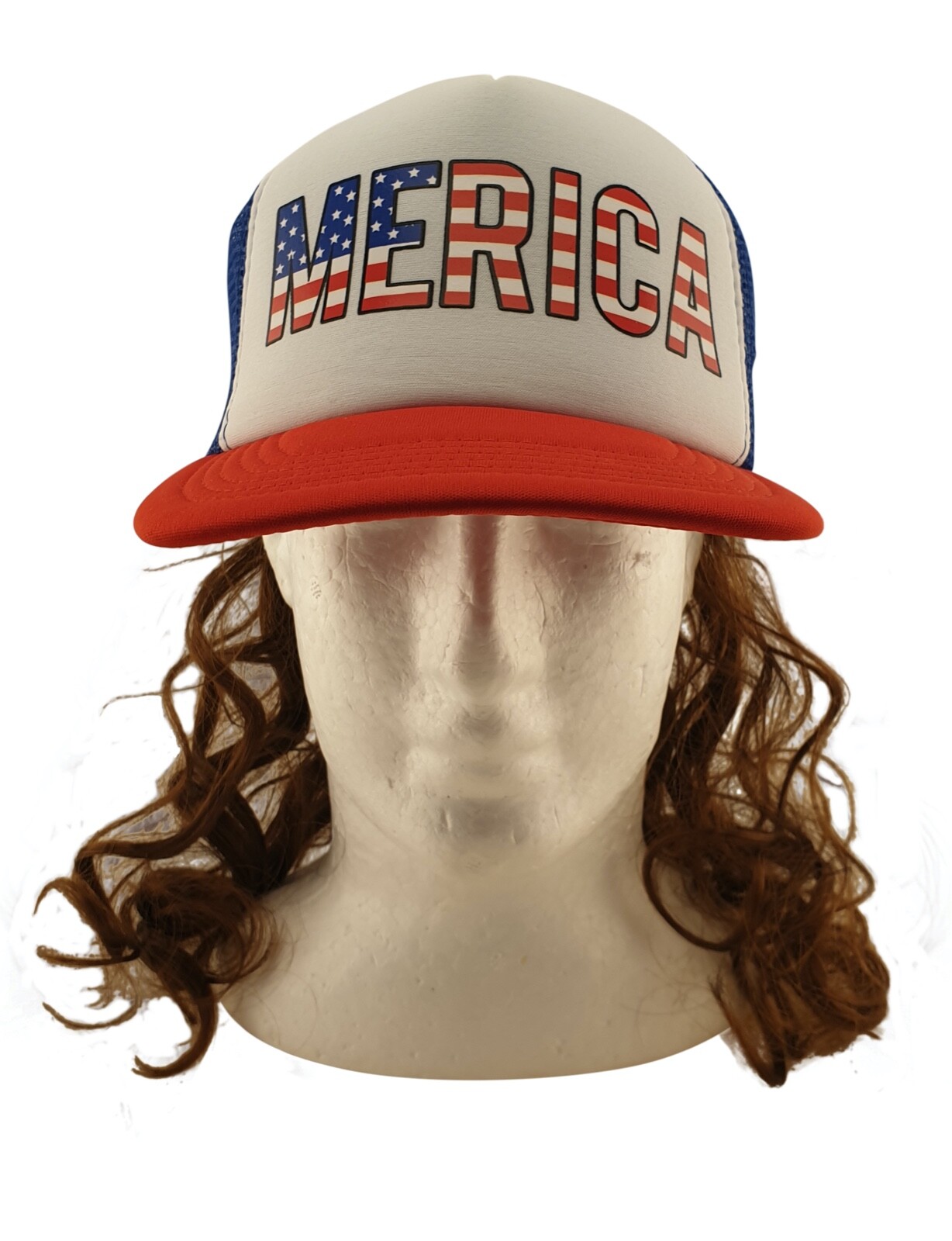 USA Mullet Hat Brown Wig Merica Redneck 4th of July All American Costume