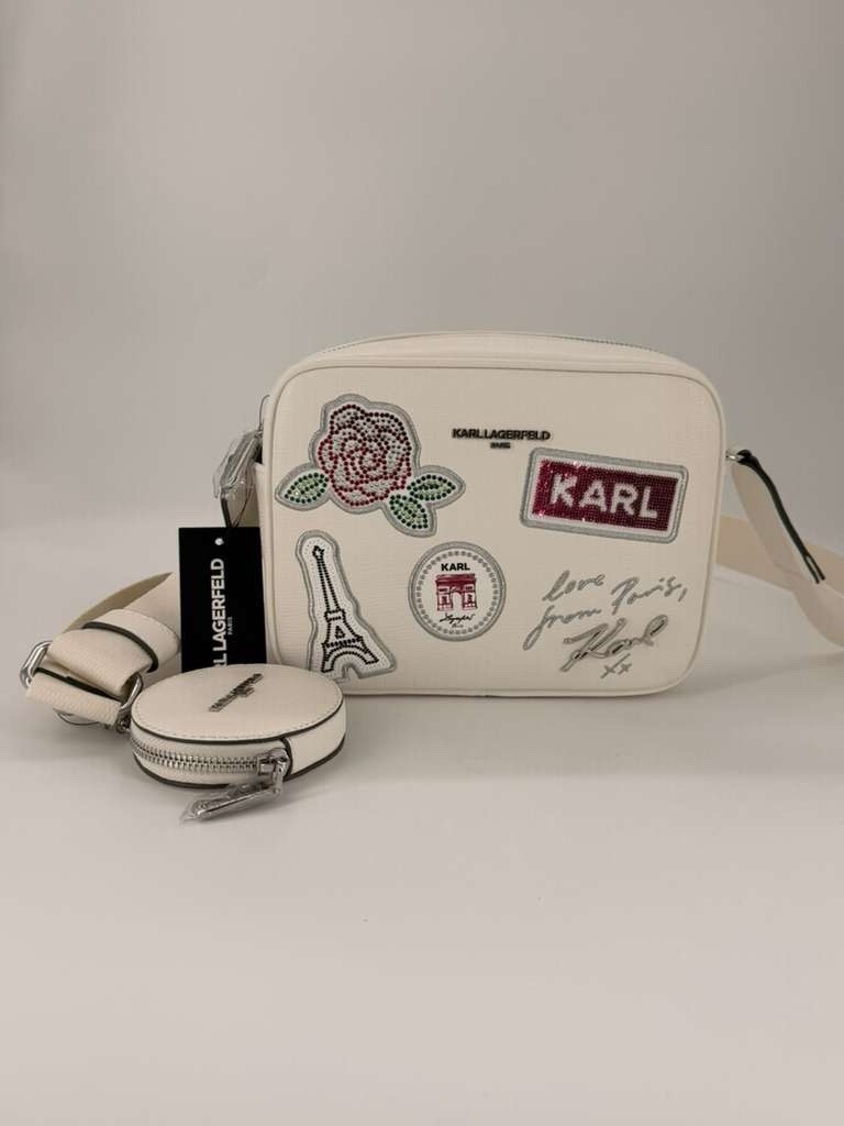 KARL LAGERFELD White Logo Zip Small Crossbody Bag, Coin Purse, Detachable Strap