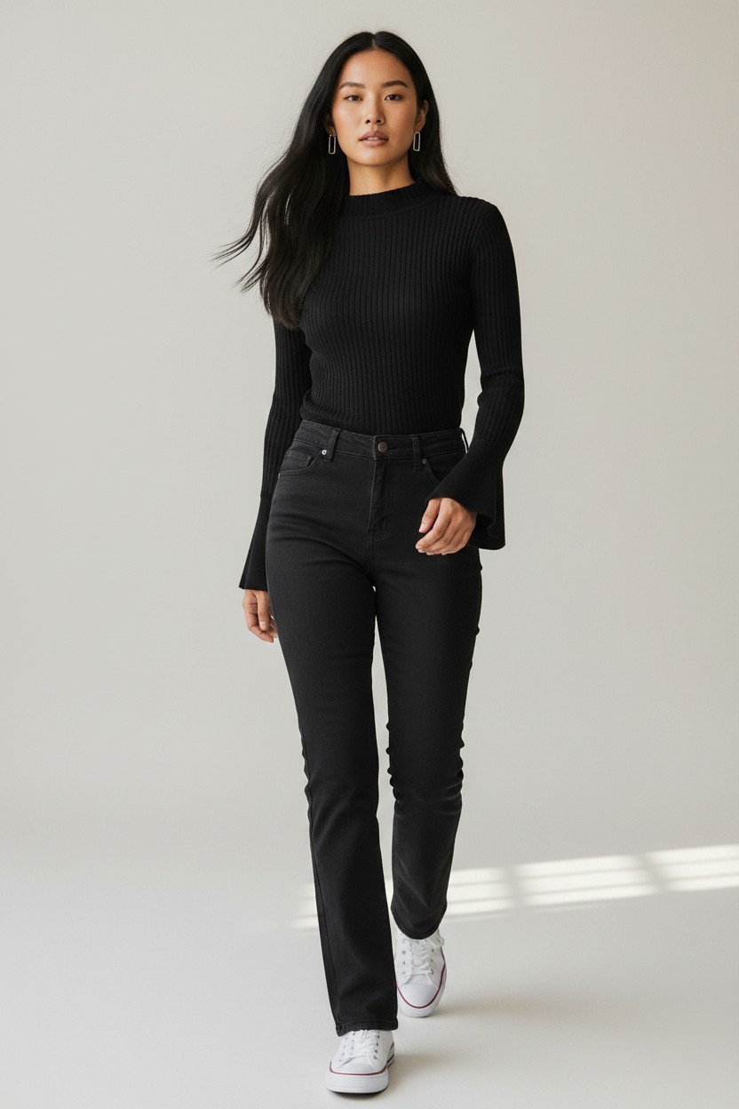 Future Collective Women’s Black Ribbed Long Sleeve Flared Sleeves Top Size S