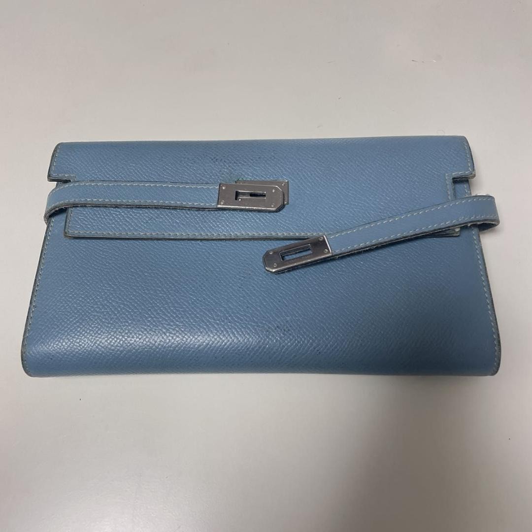 HERMES Paris Kelly Long Wallet Blue Jean Silver Folding Turn Lock Authentic