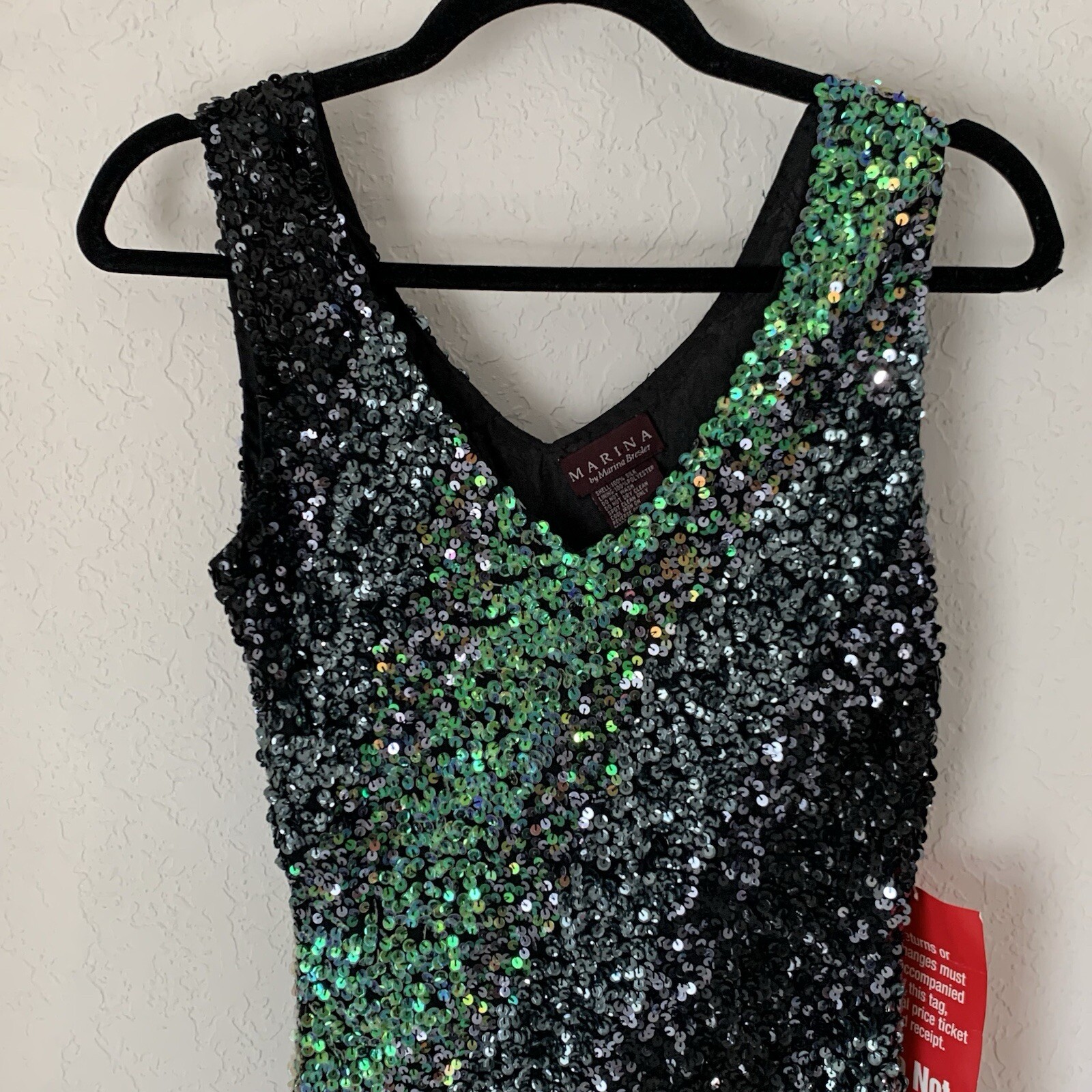 NWT Marina Gown 8 Black Green Sequin 100% Silk Maxi Dark Romantic Glam Prom