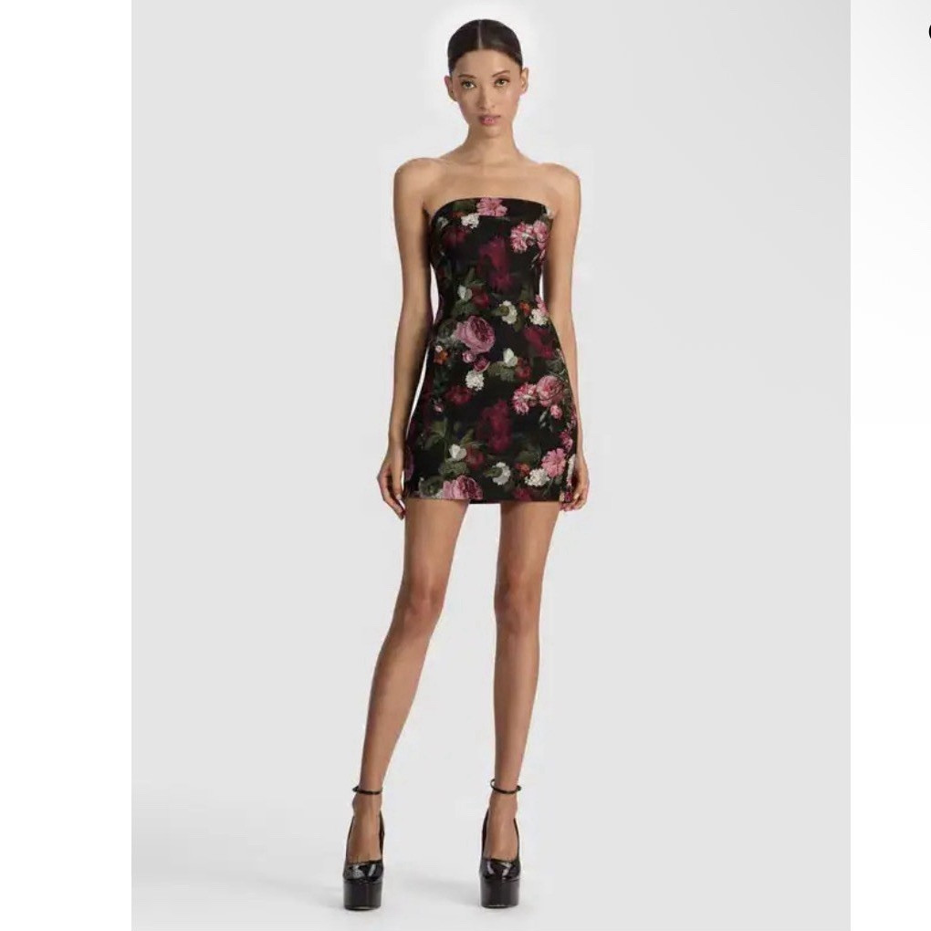 Alice + Olivia Kelly Strapless Floral Satin Bodycon Mini Dress Black Multi 4