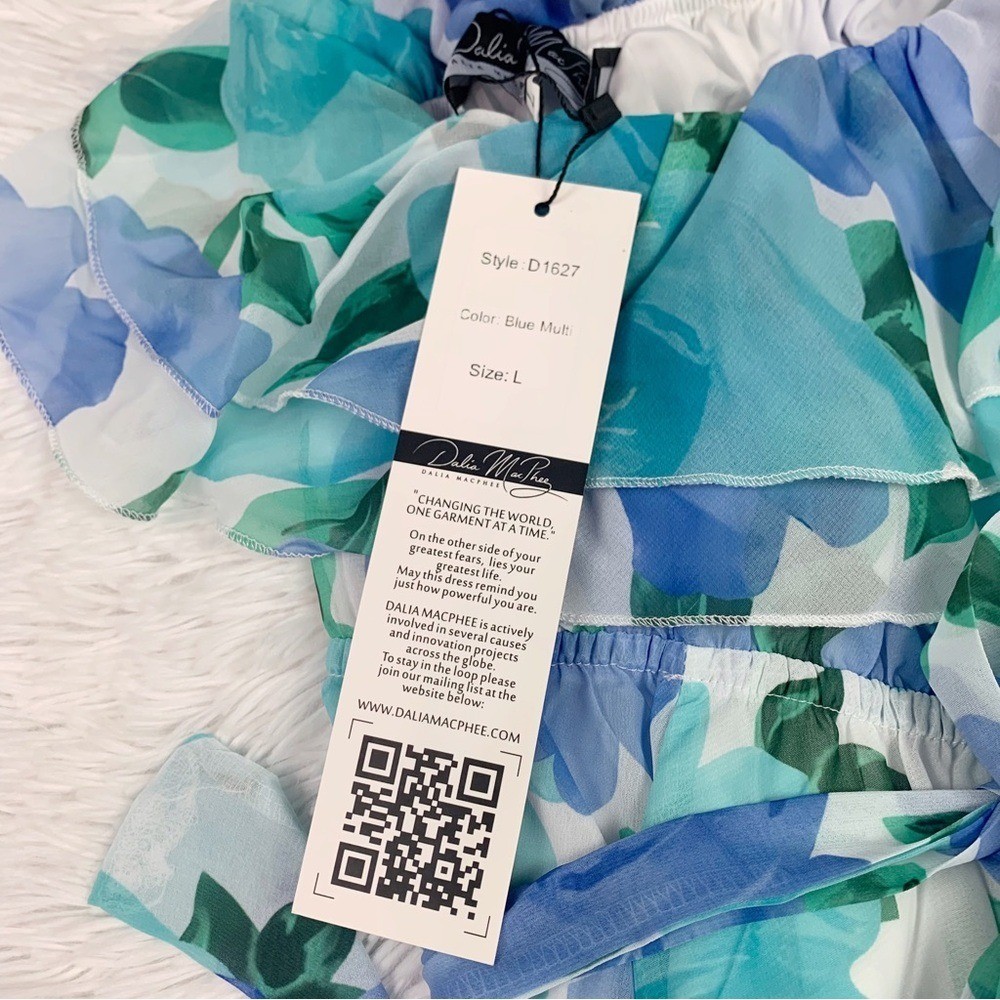 Dalia McPhee one shoulder ruffle floral chiffon maxi dress elastic waist blue