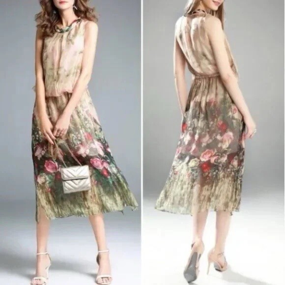 Queen Mulock Silk Chiffon Floral Blouson Dress Sz XL Fairy Ethereal Whimsical