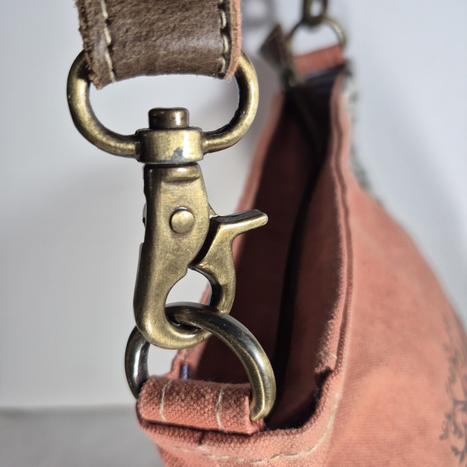 Clea Ray Upcycled Canvas Crossbody Bag Cowhide Handmade With Love Coral Adjust