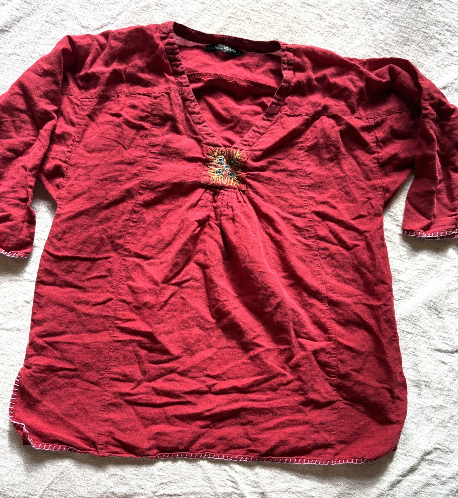 Gudrun Sjoden Tunic, Rust Red Cotton/Linen with Embroidery, Size M