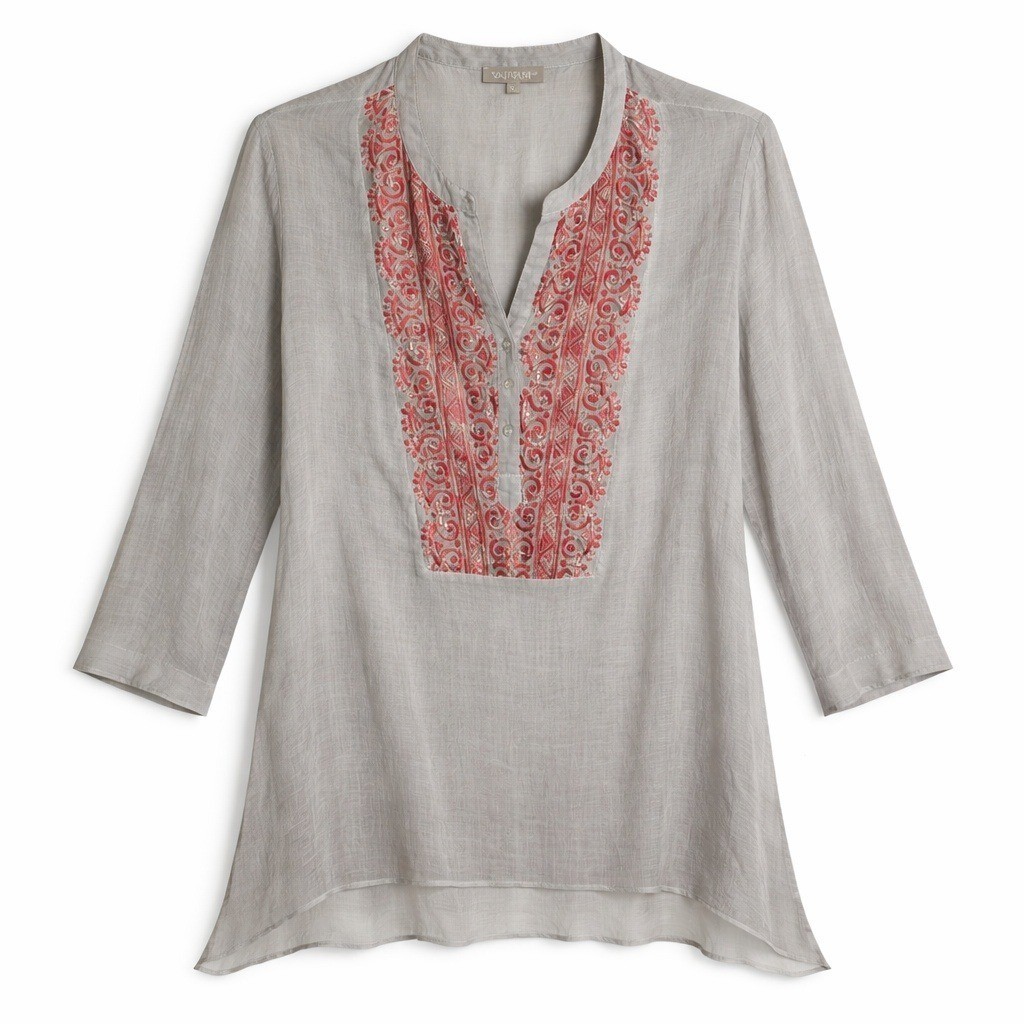 YAUVAN Womens Size XL Gray Embroidered V-Neck Tunic Lagonlook Blouse