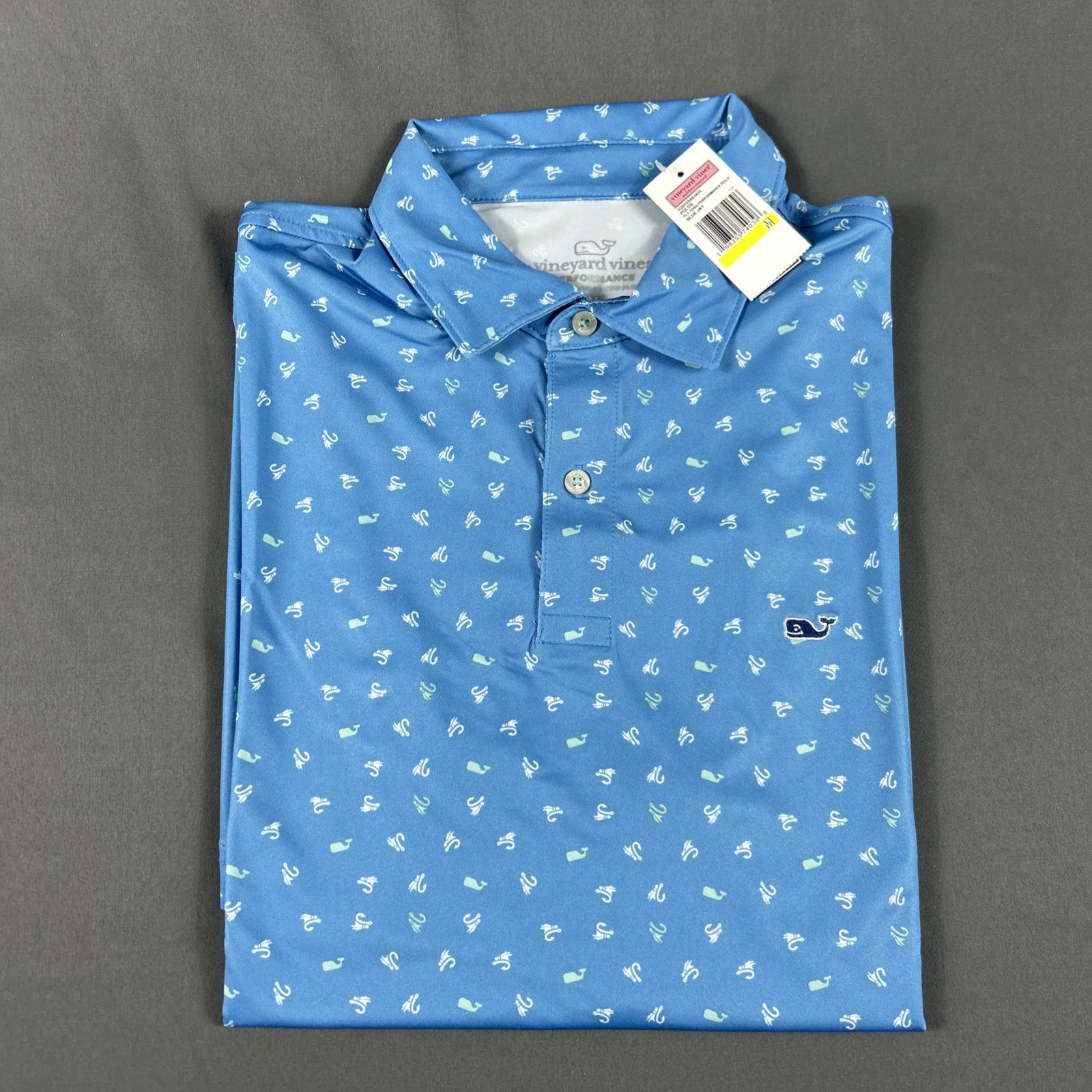 Vineyard Vines Golf Shirt Polo Fly Toss Print Medium Blue Polyester Spandex
