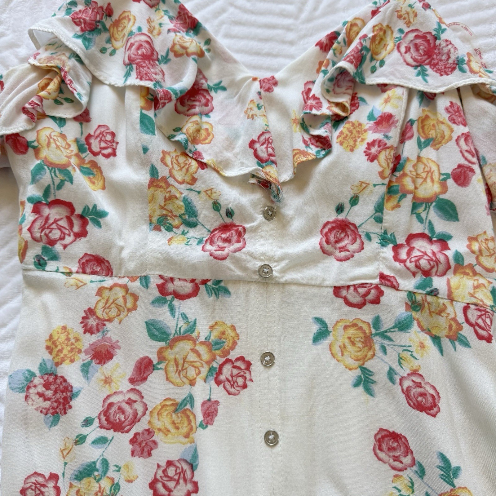 Flying Tomato White Floral V-Neck Ruffle Maxi Dress M