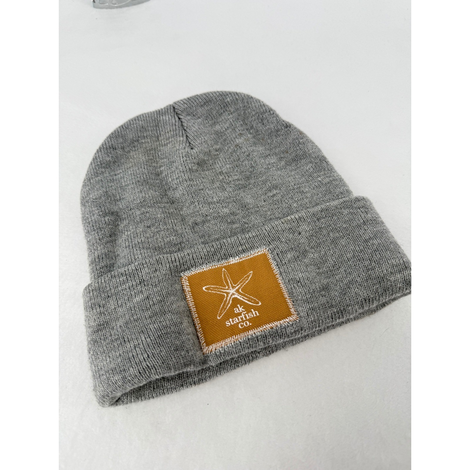 AK Starfish Co. Beanie Hat Unisex One Size Gray Cuffed Knit Patch Logo