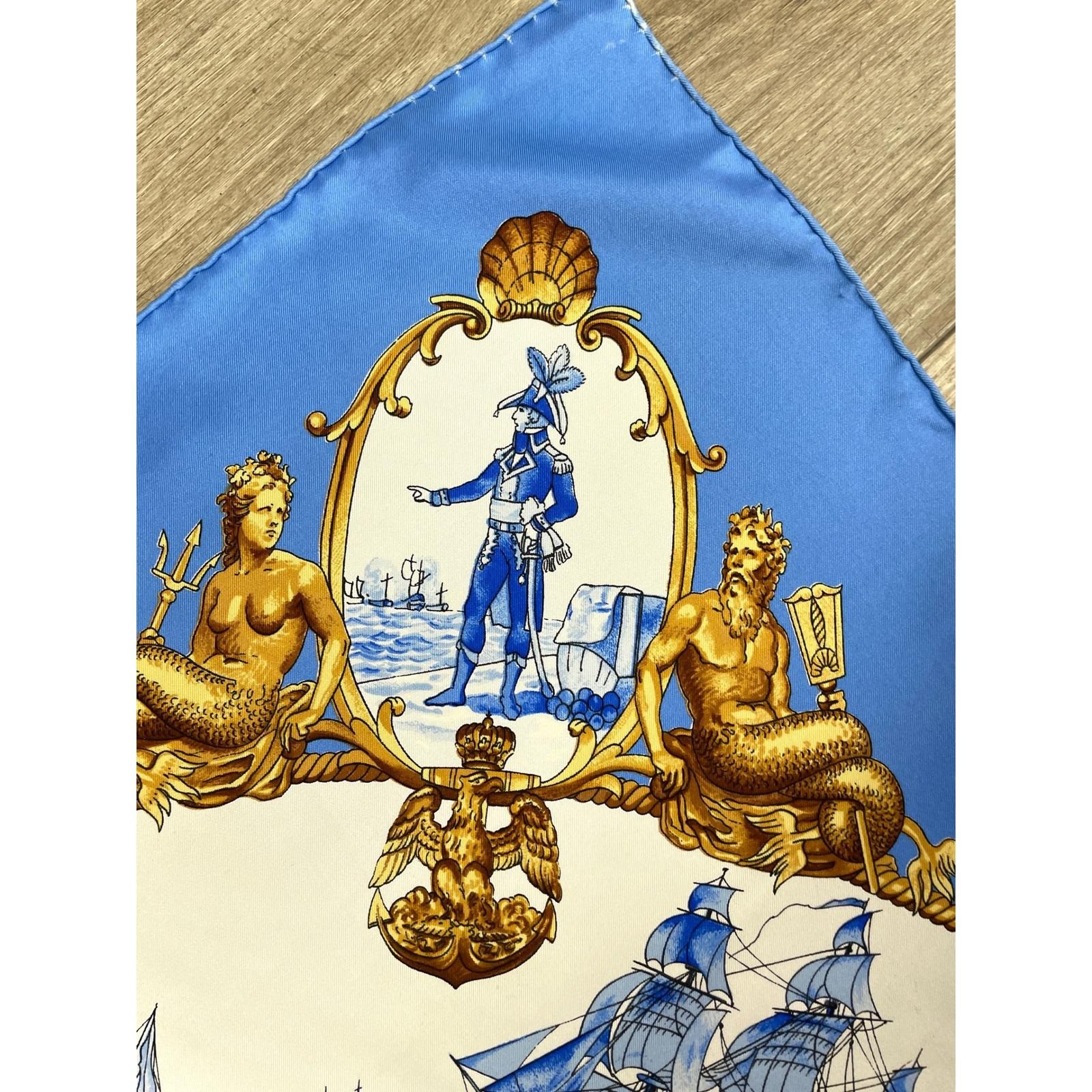 Hermes Silhovettes Navales Silk Scarf Blue Philippe Ledoux Nautical 35in Square