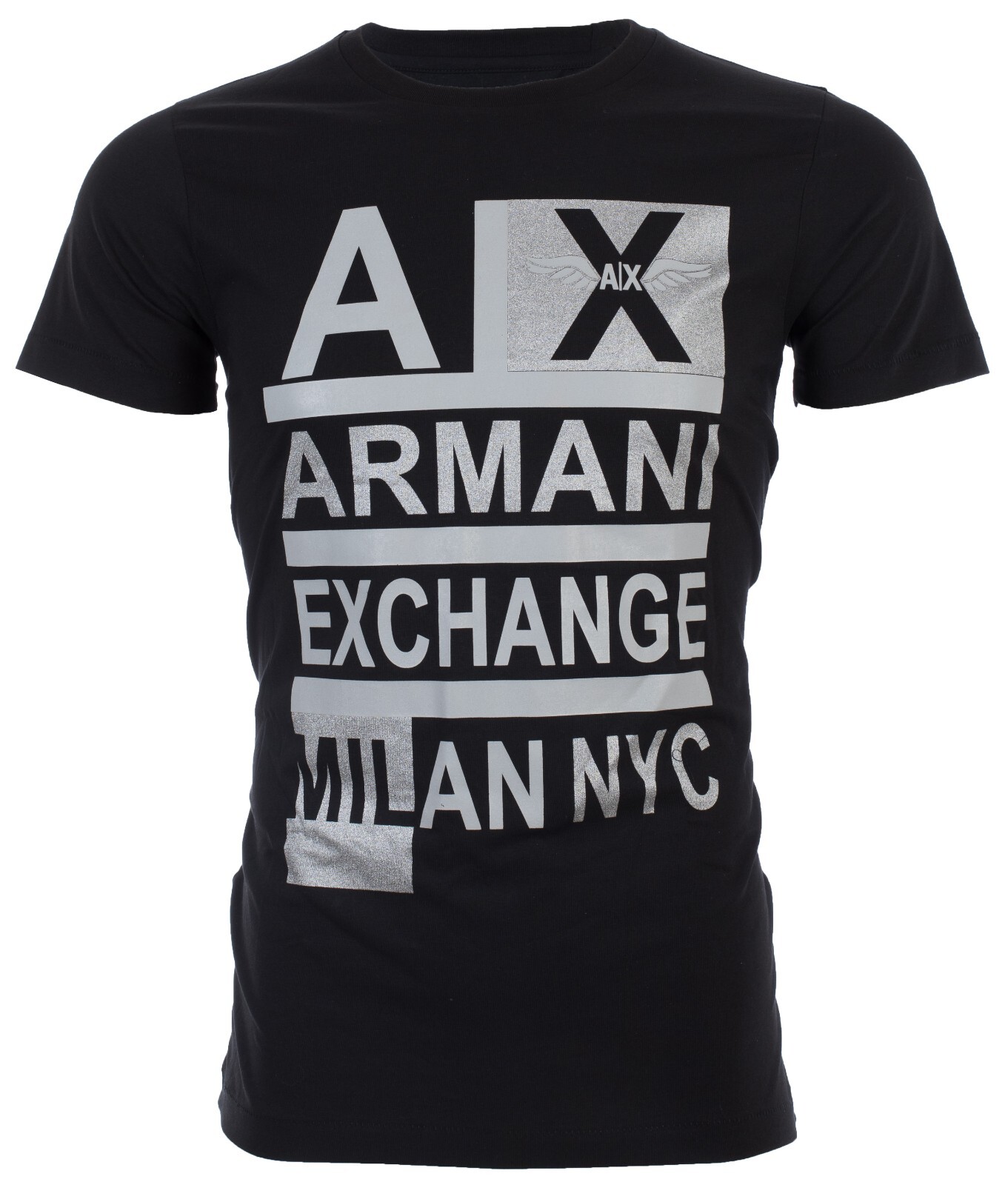 $50 ARMANI EXCHANGE Black STACKED Short Sleeve Slim Fit Designer T-shirt NWT