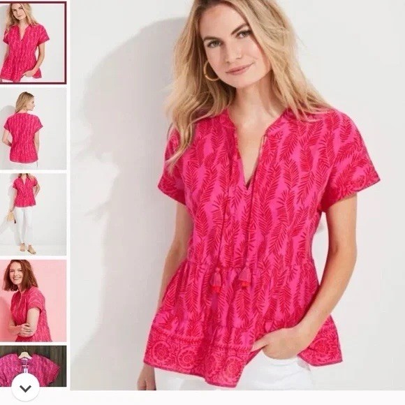 Vineyard Vines Raspberry Pink Rose Tiered Tassel Top Palm Leaf Print S Peplum