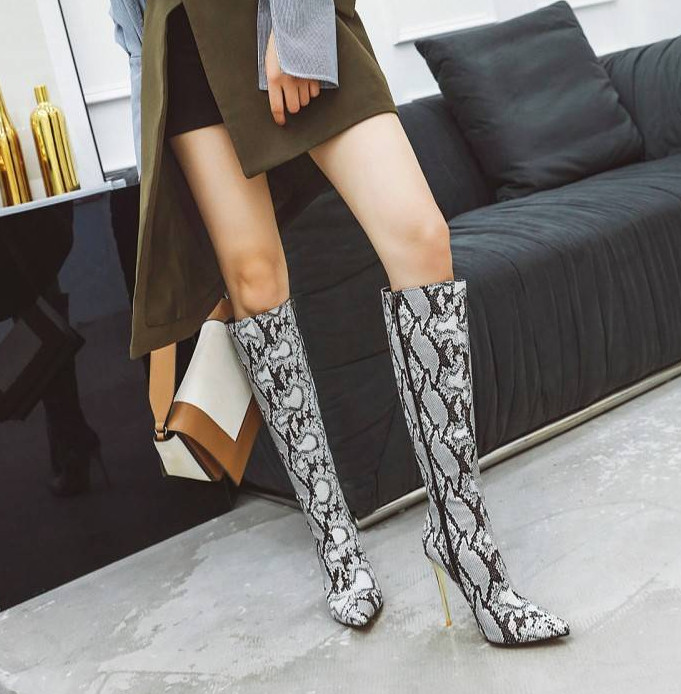 Plus Size Womens Pointy Toe Snake Pattern Stiletto Heels Knee High Boots Fashion
