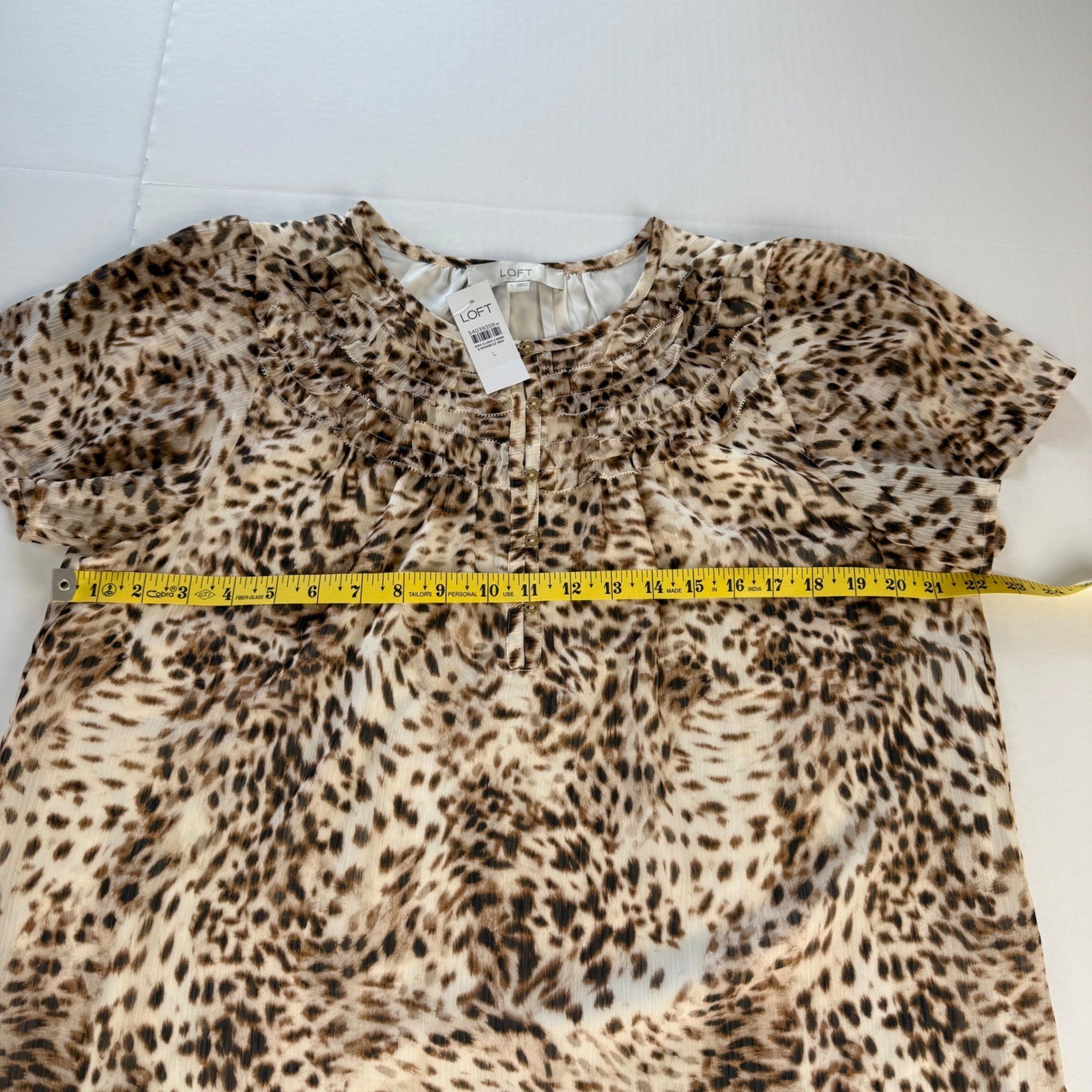 LOFT Leopard Print Ruffle Neck Button Front Chiffon Blouse Brown Large NWT