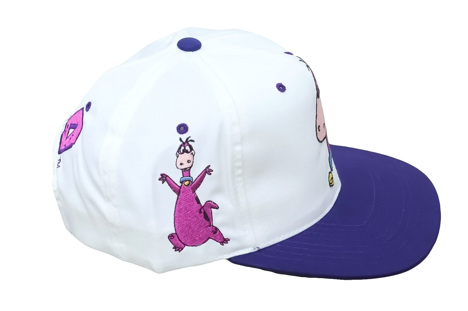 VINTAGE Dino Hat Cap Snap Back White Purple Flintstones Cartoon Collectors