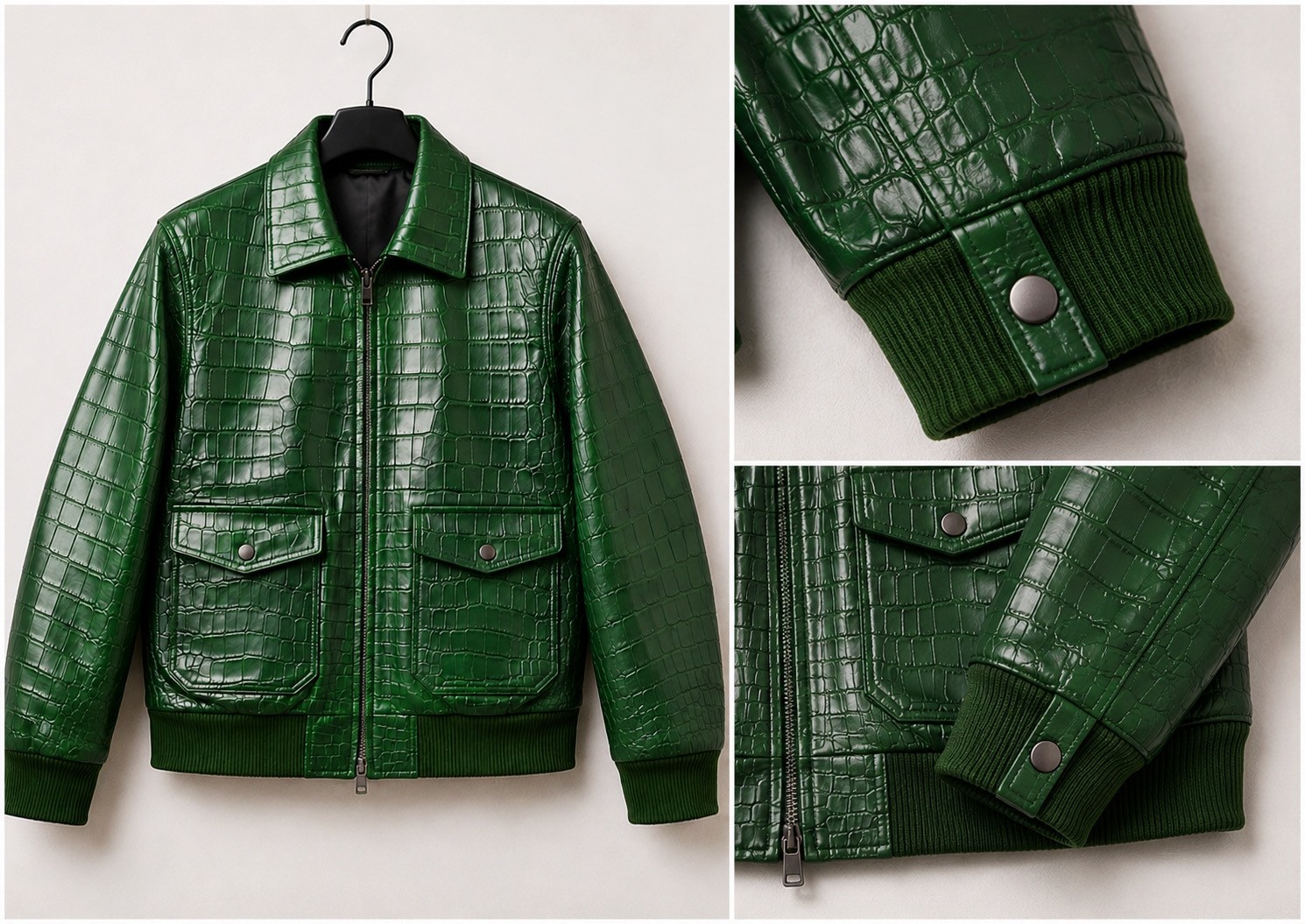 Men’s Green Croc Embossed Leather Bomber Jacket Zip Up Casual Luxury Coat