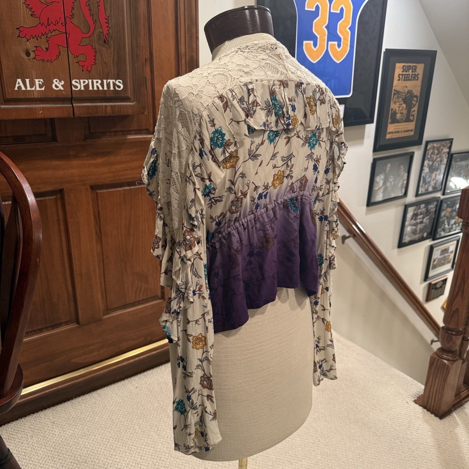Gimmicks Floral Lace Ruffle Tie-Front Kimono Top Purple Beige Blue L