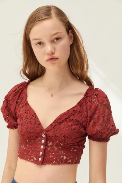 Urban Outfitters Lace Puff Sleeve Crop Top Coquette Milkmaid Prairie Cottagecore