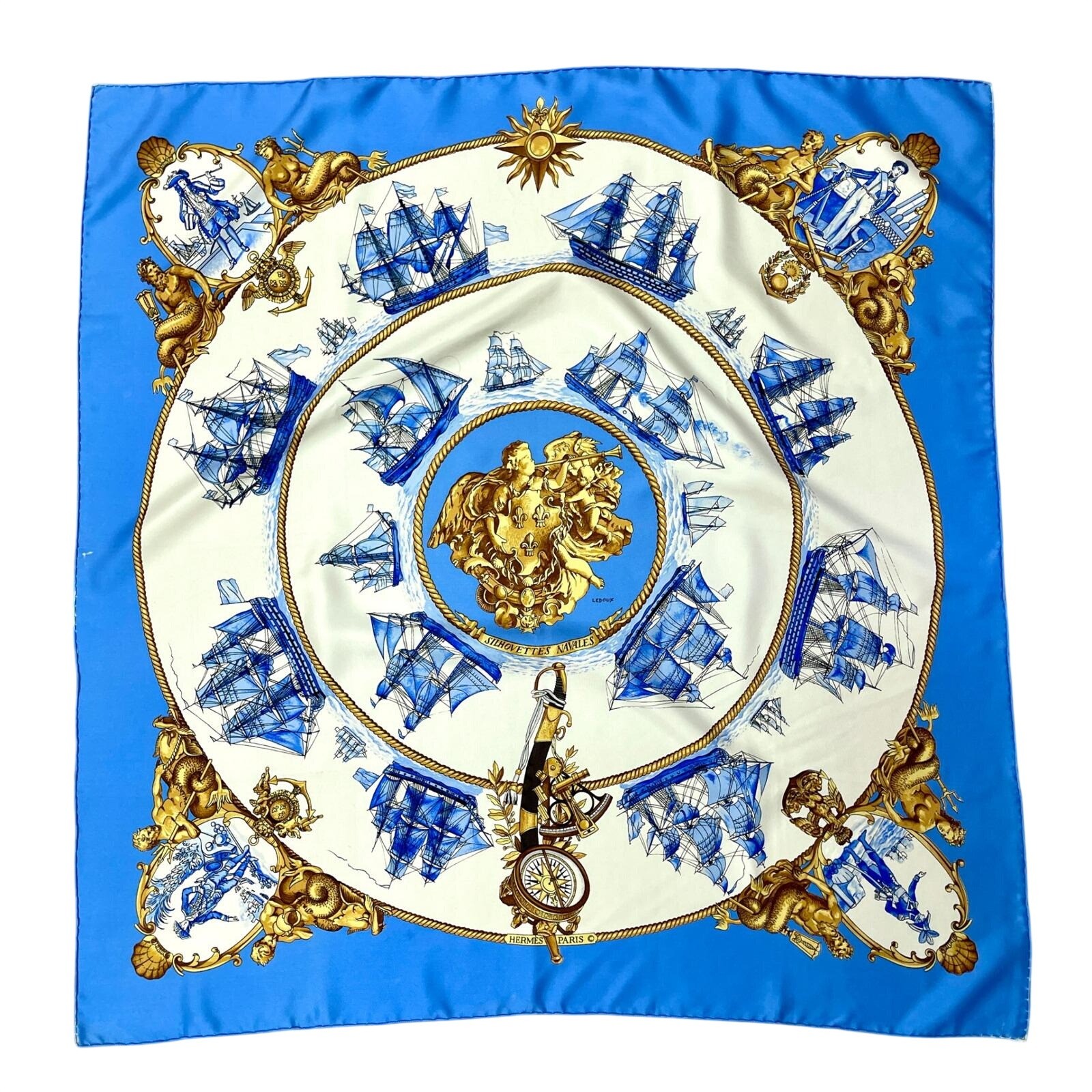 Hermes Silhovettes Navales Silk Scarf Blue Philippe Ledoux Nautical 35in Square