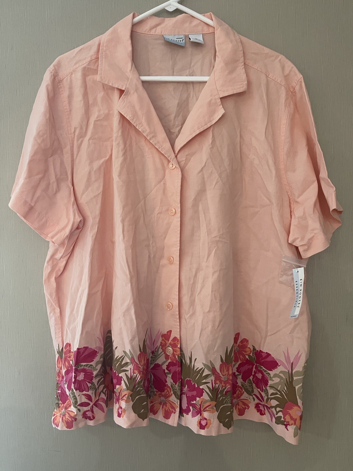 Kim Rogers NWT 3x Plus Peach Pink Floral Collar Button Down Blouse 100 Cotton
