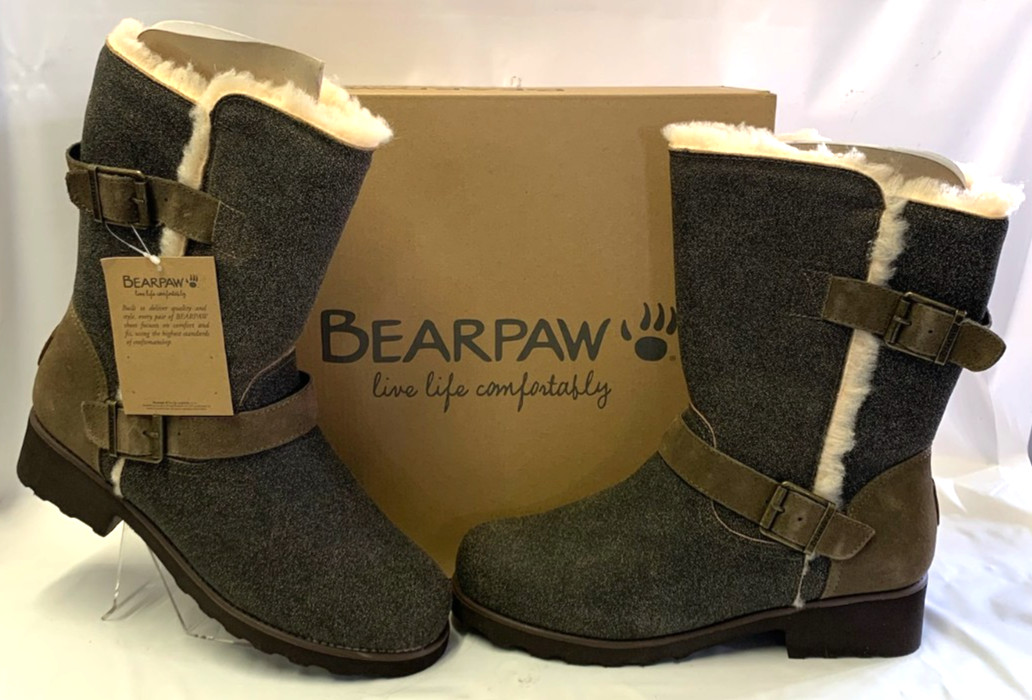 Women’s Bearpaw Sara Suede Boots Rider Style Twin Buckle Fur Trim Chestnut Sz 11