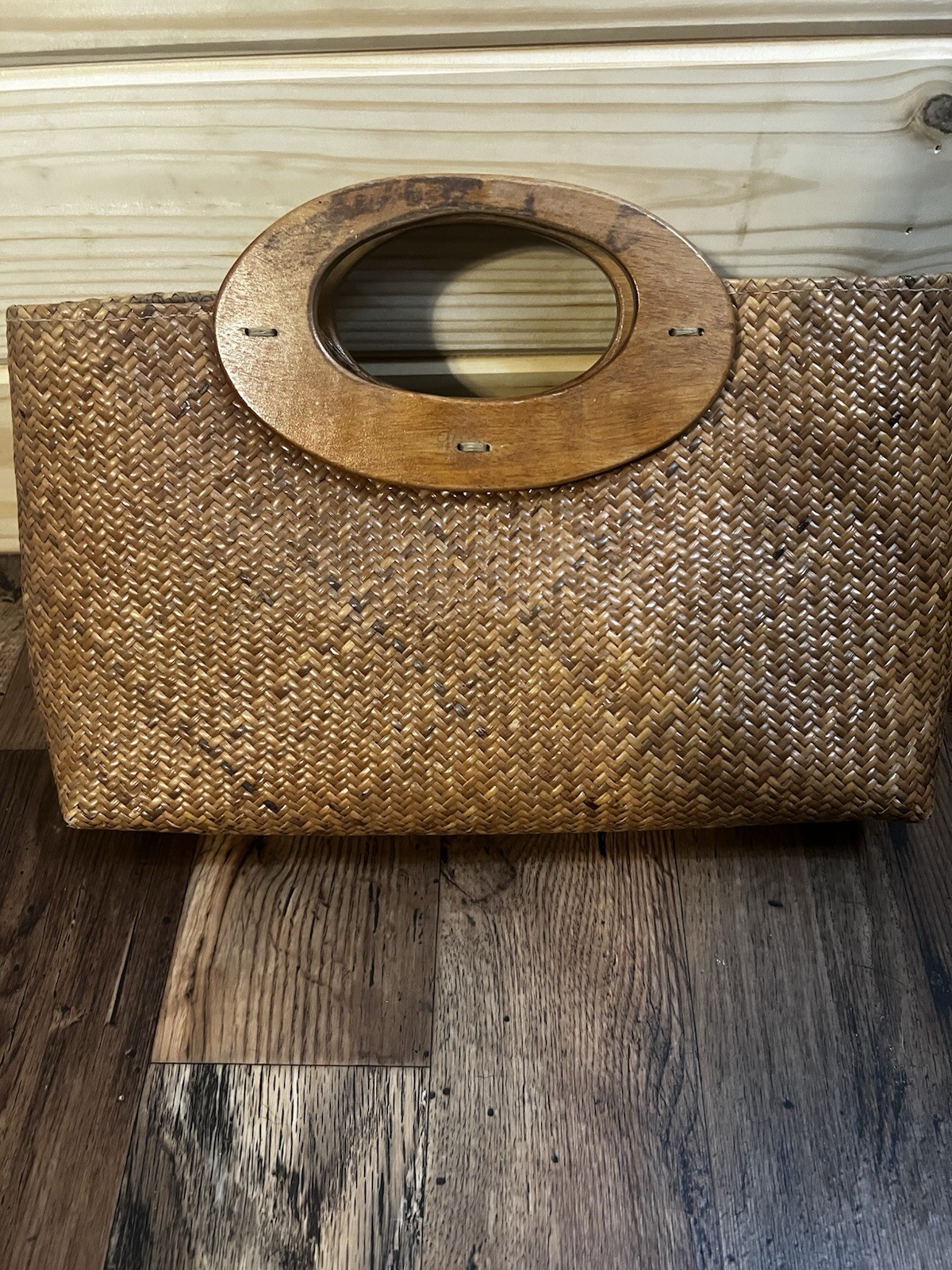 Old Navy Brown Woven Satchel Top Handle Bag Wood Handles Snap Lined Pockets