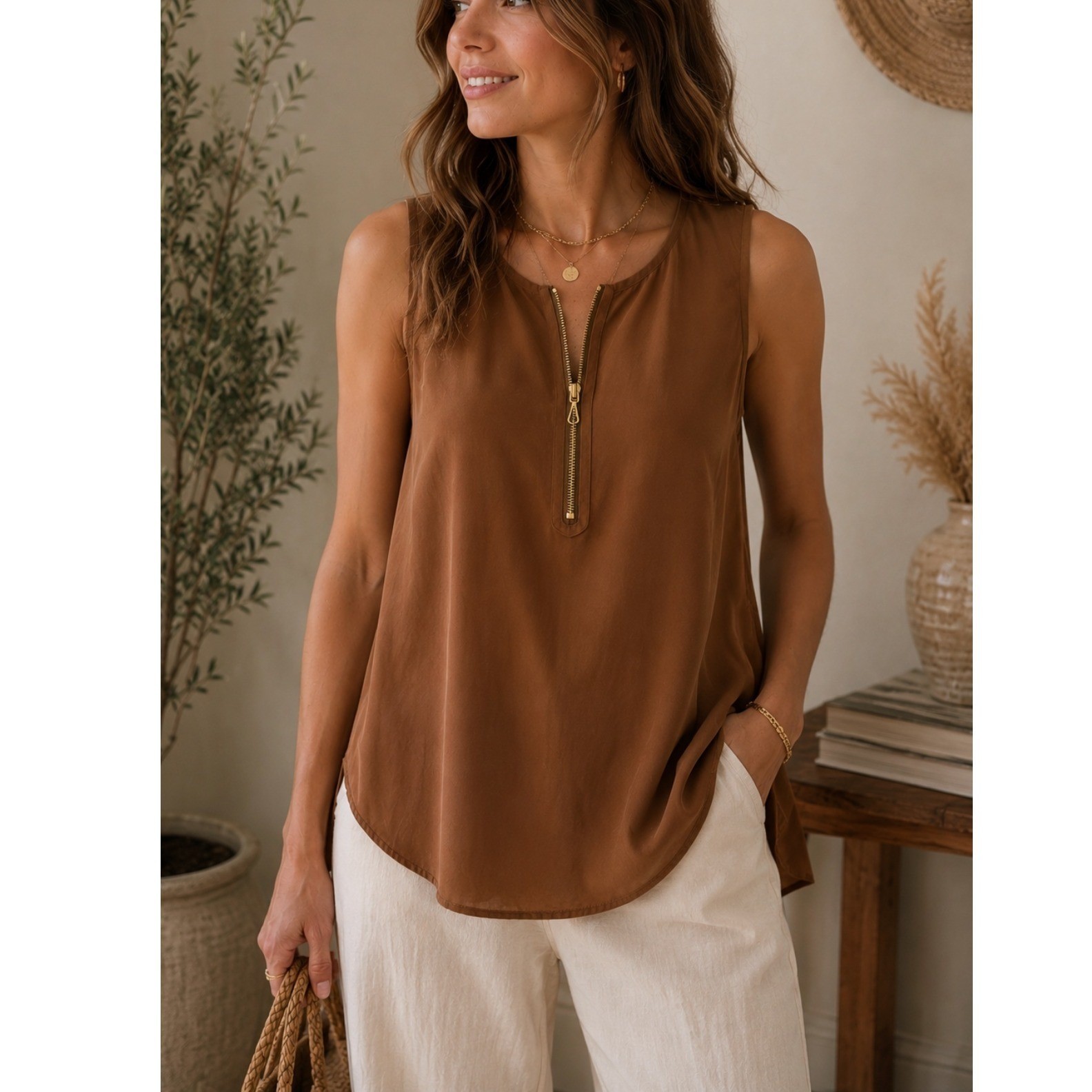 Vince 100% Silk Sleeveless Blouse Brown Zip Neck Tunic Tank Top Quiet Luxury – L