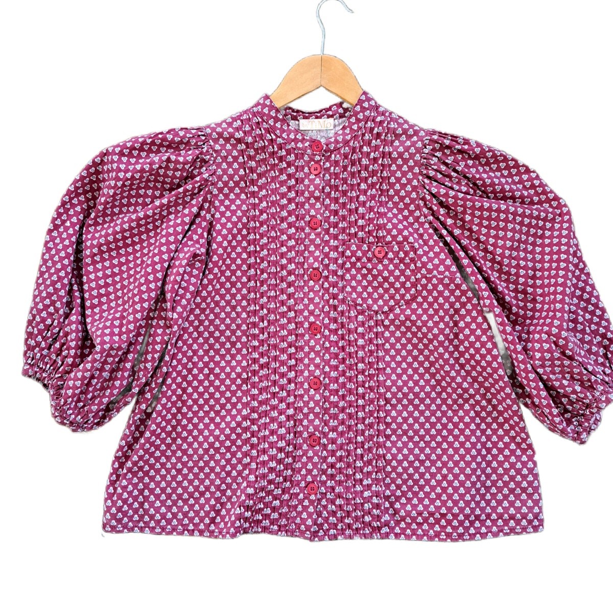 by TiMo Structured Cotton Shirt in Cranberry Floral Dots Medium Puff Sleeve
