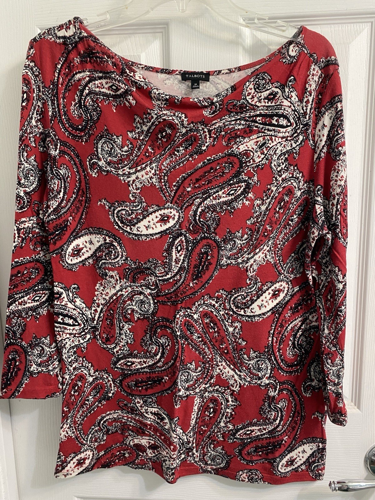 Talbots Women’s Paisley Top Red/White/Black Scoop Neck 3/4 Sleeve Pullover M