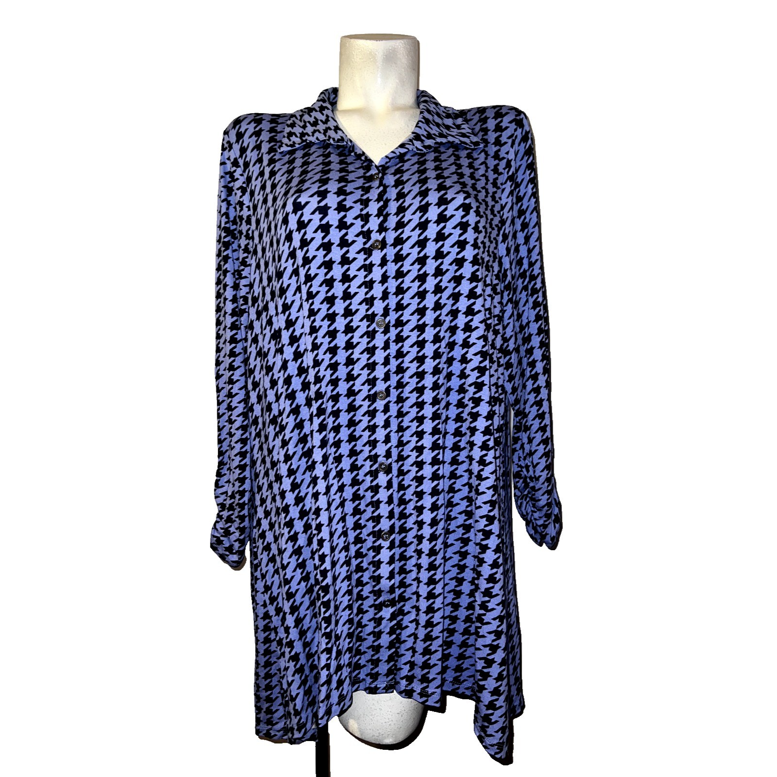 New Kim Rogers Top Julianna Tunic Blue Black Houndstooth Button LS Shirt Sz XXL