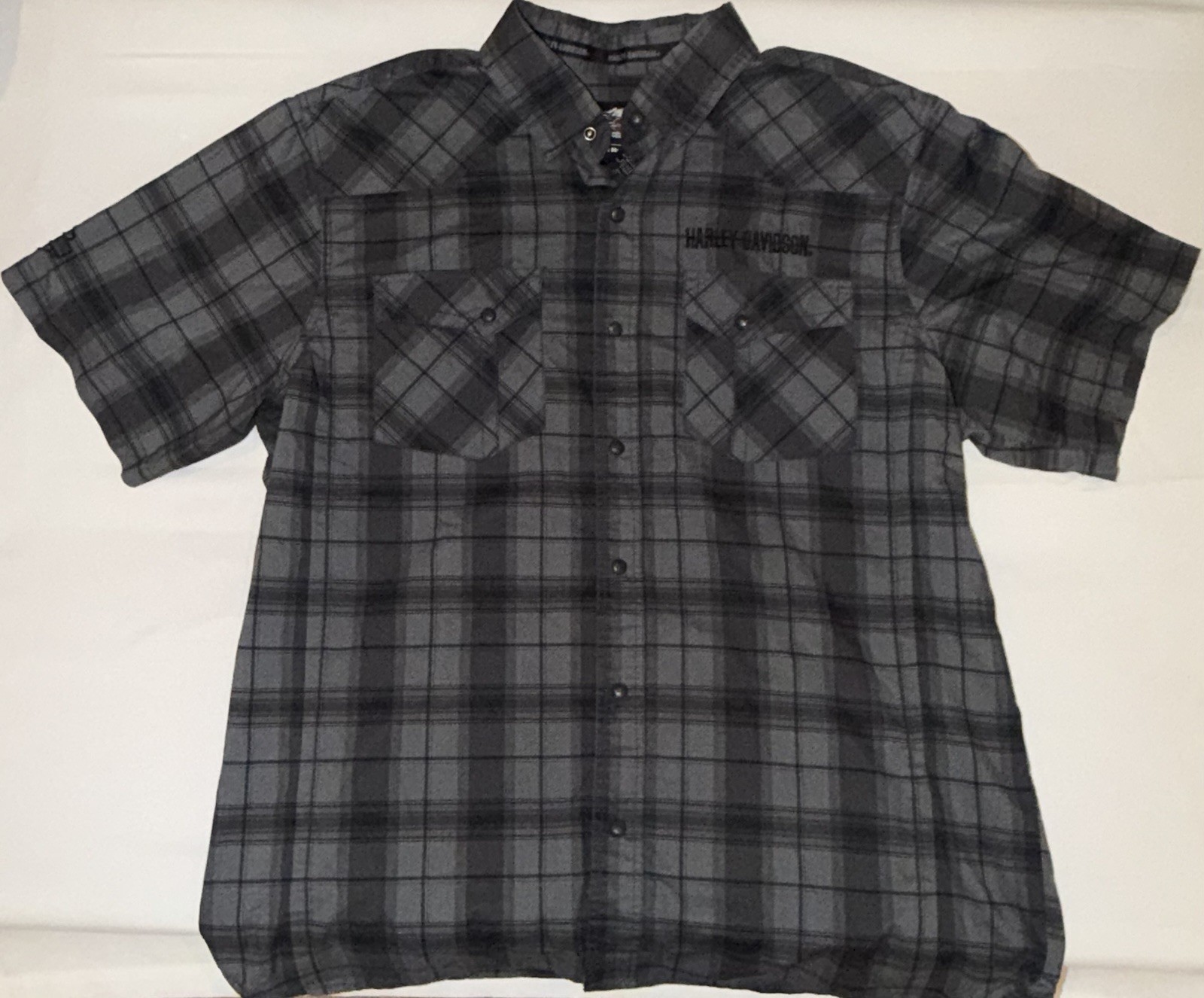 Harley-Davidson Shirt Mens 2XL Gray Plaid Short Sleeve Pearl Snap Western Biker